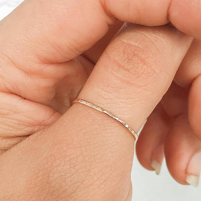 Ellie J Maui Hammered Ring, 1mm Thin Stacking Rings, Minimalist Rings for Women, 14K Gold Filled Rings for Teen Girls Midi Knuckle Pinky Finger Jewerly (Size 3-11)