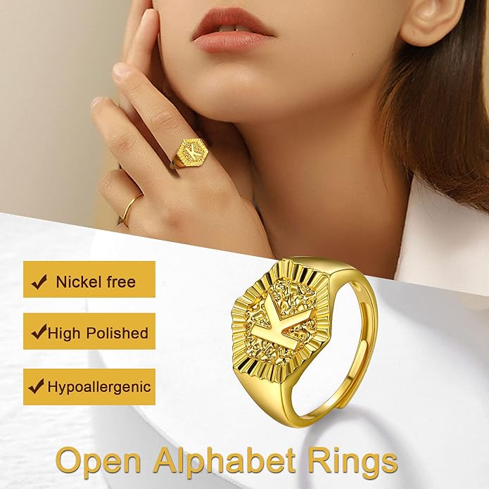 U7 Initial Ring Wedding Band for Men Women 18K Gold Plated Statement Hexagon A-Z Letter Jewelry Personalized Stackable Signet Rings