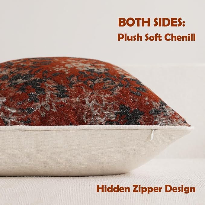 DEZENE Pack of 2 Vintage Floral Pillow Covers 12x20 Boho Farmhouse Accents Chenille Rectangular Lumbar Decorative Throw Pillow Cases for Living Room Couch Bed Home Decor, Rust