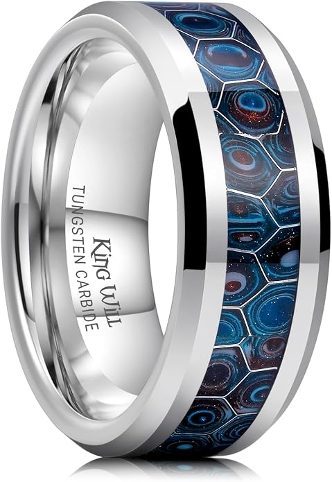 King Will Mens 8mm Black Silver Tungsten Rings, Men's Wedding Rings Fishing Line Inlay Beveled Edge Ring for Men Women, Comfort Fit, Durable