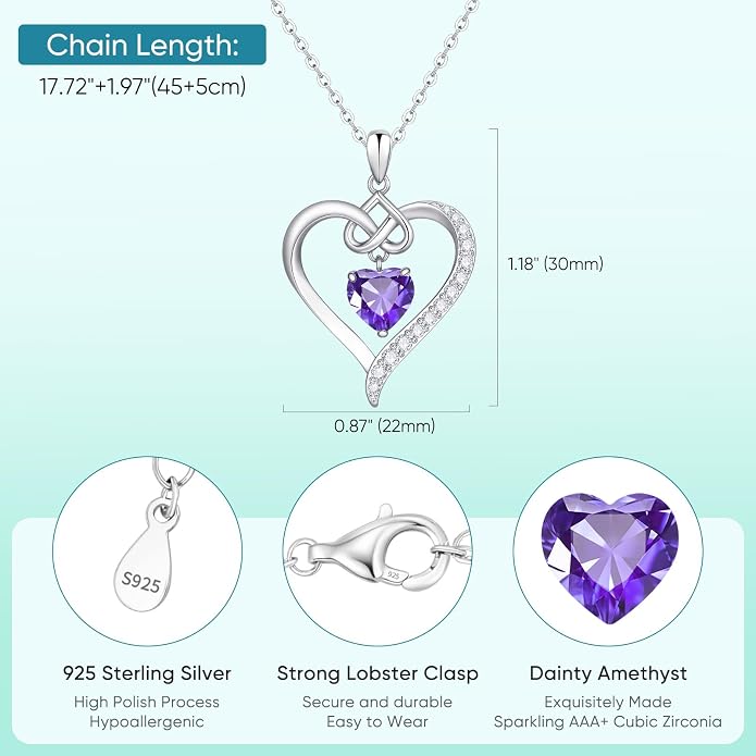 925 Sterling Silver Birthstone Heart Necklace for Women - Infinity Love Pendant with Cubic Zirconia, 12 Colors, Valentine's Day Gift for Her, 12 Months, Birthday Anniversary Christmas Jewelry Gifts