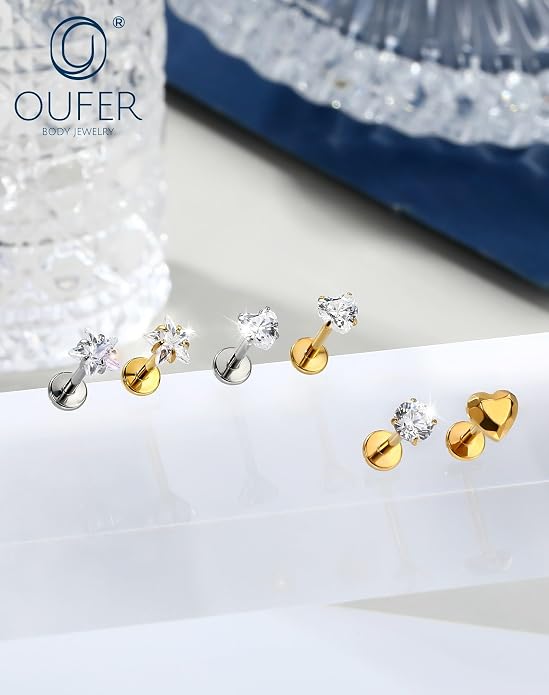 OUFER 18G 6/7/8MM Flat Back Cartilage EarRings-3PCS Gold Titanium Extended Internally Threaded Lip Piercing 2/3/4MM Round Clear CZ Helix Piercing Jewelry