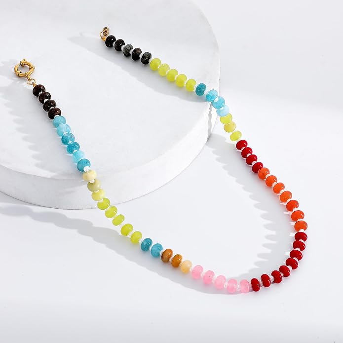 LALAPPLE Colorful Beaded Gemstone Necklace for Women, Boho Rainbow Bead Choker with Natural Stone Crystal Beads, Handmade Summer Beach Necklace Jewelry