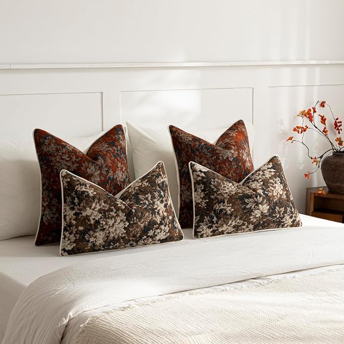 DEZENE Pack of 2 Vintage Floral Pillow Covers 12x20 Boho Farmhouse Accents Chenille Rectangular Lumbar Decorative Throw Pillow Cases for Living Room Couch Bed Home Decor, Dark Brown
