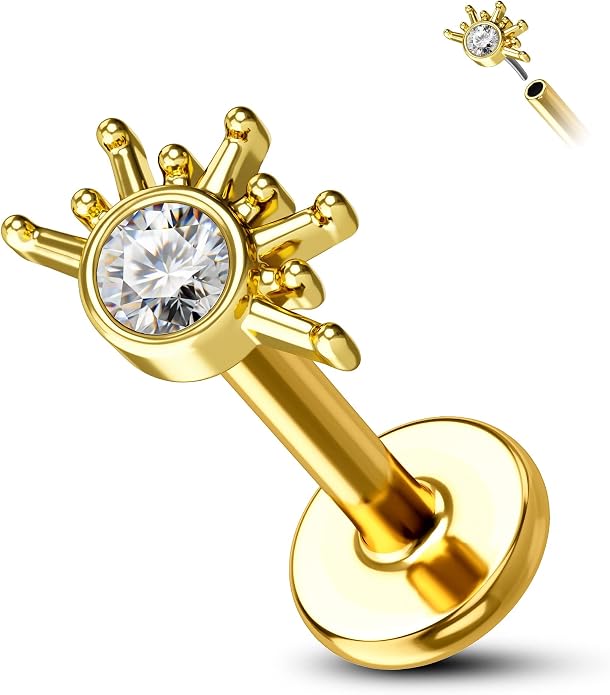 COCHARM 14K Solid Gold Cartilage Earring Stud 16g Yellow Gold Flat Back Helix Stud 14K Gold Push in Tragus Earring Stud Threadless Labret Stud Labret Rings