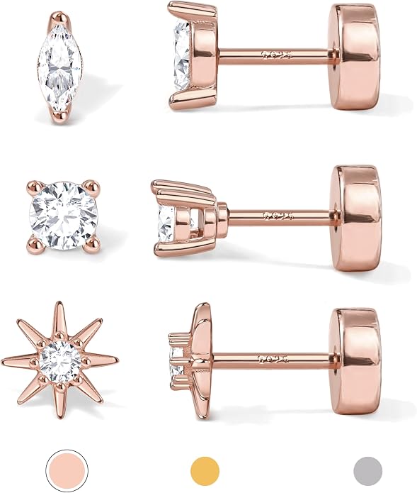 14K Gold Plated Solid 925 Sterling Silver Post Flat Back Earrings Stud | Cartilage Helix Conch Tragus Piercing Jewelry 3 Pairs Tiny Screw Dainty CZ Opal Earring Set Men Women