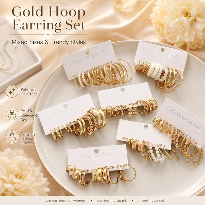 42 Pairs Gold Hoop Earrings Set for Women, Fashion Chunky Pearl Earrings Multipack Twisted Statement Earring Pack, Hypoallergenic Small Big Hoops Earrings for Birthday Party Gifts Jewelry