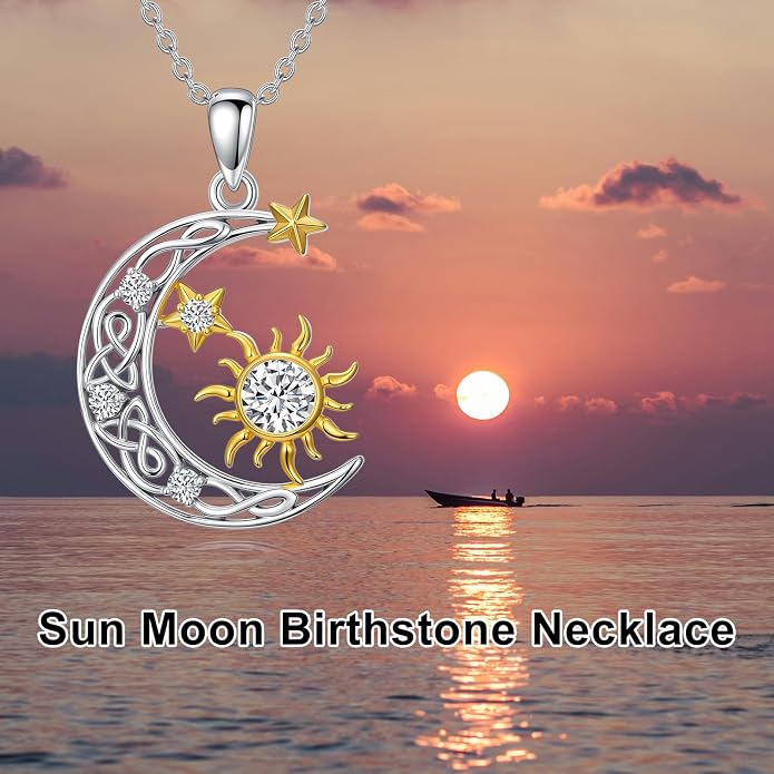 PELOVNY Sun and Moon Necklace for Women 925 Sterling Silver Sun Moon Star Birthstone Pendant Necklaces Birthday Christmas Jewelry Gifts for Mom Daughter Wife Sister