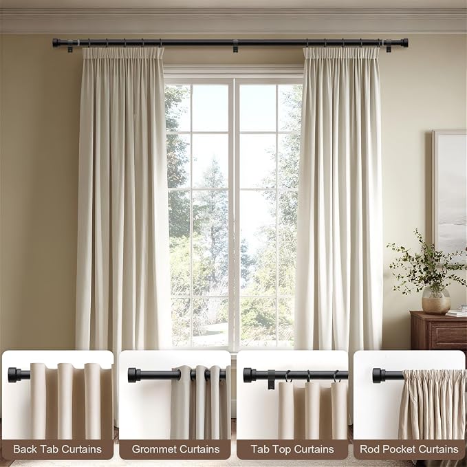 Lootkell 2 Pack Matte Black Curtain Rods for Windows 66-120 Adjustable | Heavy Duty 1" Window Curtain Rod,Solid Metal Finials,Modern Design,Fits Outdoor,Kitchen,Bedroom,Living Room,Farmhouse,Patio
