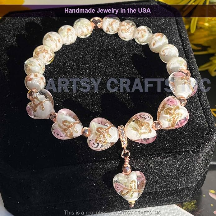 ARTSY Crafts Glow in the Dark Heart Shaped Glass Bead Bracelets & Necklaces, Handmade in USA