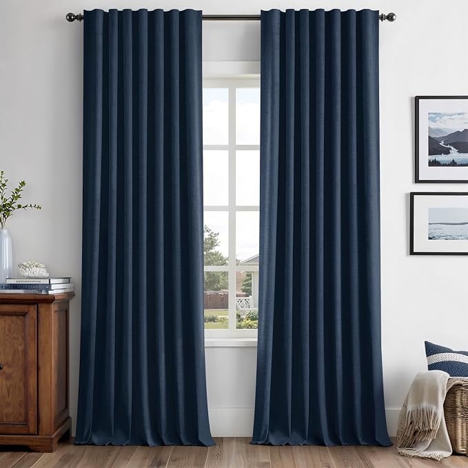MIULEE 100% Blackout Linen Curtains 42 x 96 Inch Midnight Blue 2 Panels | Thermal Insulated, Room Darkening Drapes for Bedroom Living Room, Back Tab Rod Pocket Pinch Pleated, Solid Luxury Decor
