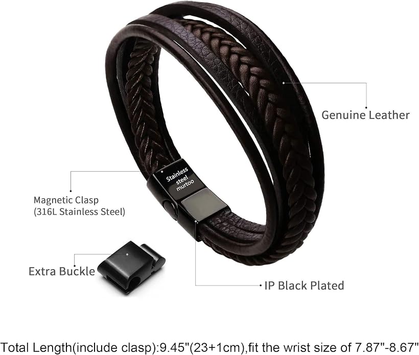 murtoo Mens Leather Bracelet with Clasp Cowhide Multi-Layer Braided Leather Mens Bracelet