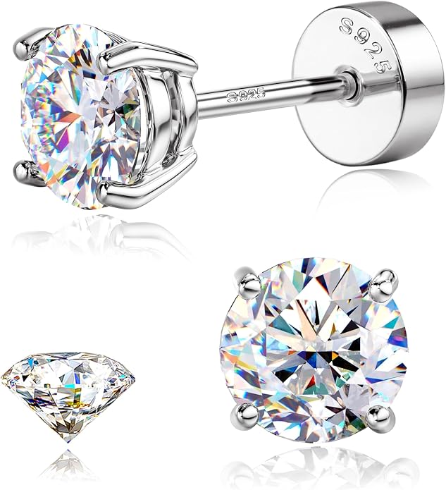 GEMQUEEN Moissanite Earrings Studs : 18K Gold Plated Solid 925 Sterling Silver Stud Earring for Women Men Hypoallergenic Dainty Moissanite Jewelry for Sensitive Ears Round Cut D Color VVS1 2-7.5mm