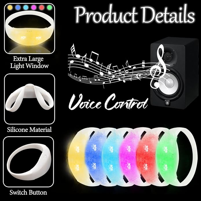 100 Pcs Sound Activated LED Glow Bracelets Light Up Bracelets for Adults Glow in the Dark Neon Birthday Party Favors