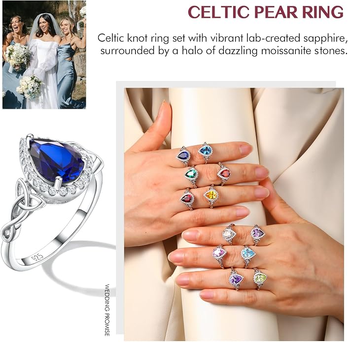 DAYBYDAY Celtic Birthstone Rings for Women 925 Sterling Silver Heart/Round/Pear/Oval Created Gemstone Moissanite Halo Engagement Promise Rings for Her Wife Birthday Anniversary Wedding Jewelry