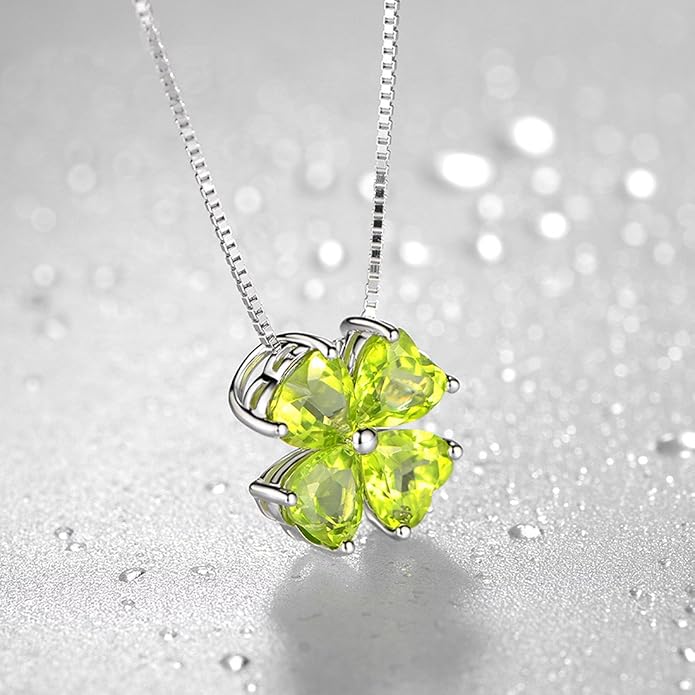 JIANGXIN Colorful Birthstone 925 Sterling Silver Handmade Pendant Necklace for Women Lucky Four Leaf Clover Plant Shamrock Jewelry Rhodium Plated