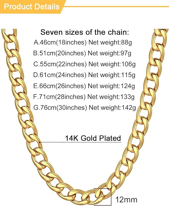 U7 Cuban Link Chain for Men Women Stainless Steel Curb Necklace, 7/9/12/15 MM Chunky Chain Silver/Gold/Black Mens Hip Hop Jewelry 18''-30''