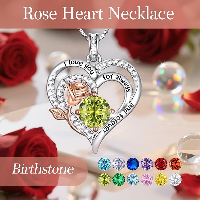 Birthstone Heart Necklaces for Women 925 Sterling Silver Fine Jewelry Rose Pendant Necklace Anniversary Birthday Mothers Day Gifts Her Wife Women Mom Daughter