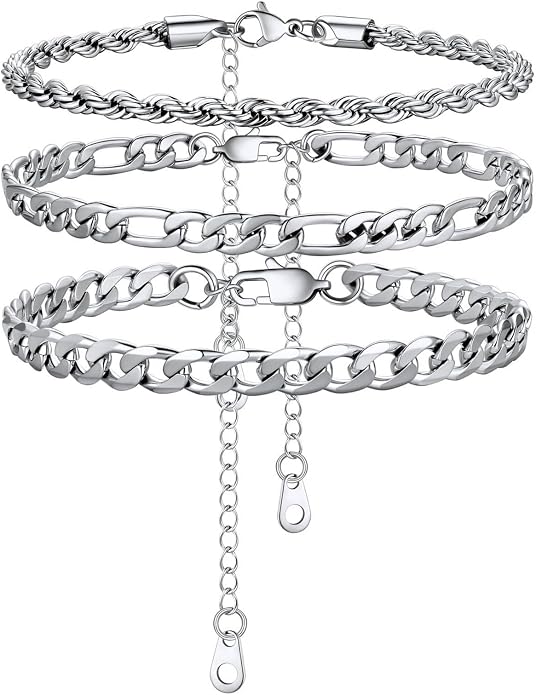 U7 2Pcs/3Pcs Ankle Bracelets for Women, Stainless Steel Cuban Link/Figaro/Rope/Heart Chain Anklets Sets,Waterproof Layered Anklets Adjustable 8.5"-10.5"