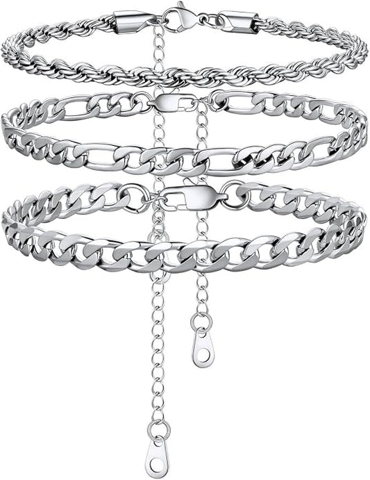 U7 2Pcs/3Pcs Ankle Bracelets for Women, Stainless Steel Cuban Link/Figaro/Rope/Heart Chain Anklets Sets,Waterproof Layered Anklets Adjustable 8.5"-10.5"