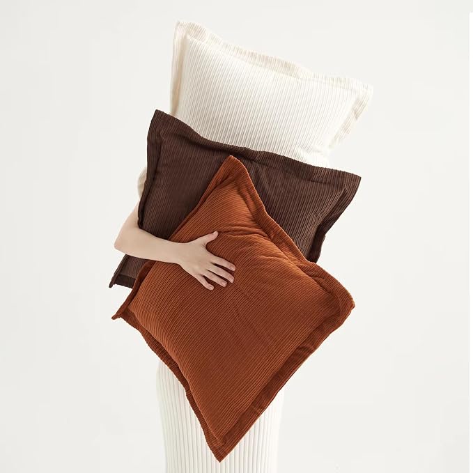 COCO TOP Set of 3 Super Soft Striped Corduroy Throw Pillow Covers 20x20inch, Decorative Boho Square Pillow Covers for Sofa Couch Aesthetic Decor Bedroom Living Room (Earthy Brown, Rust & Cream)