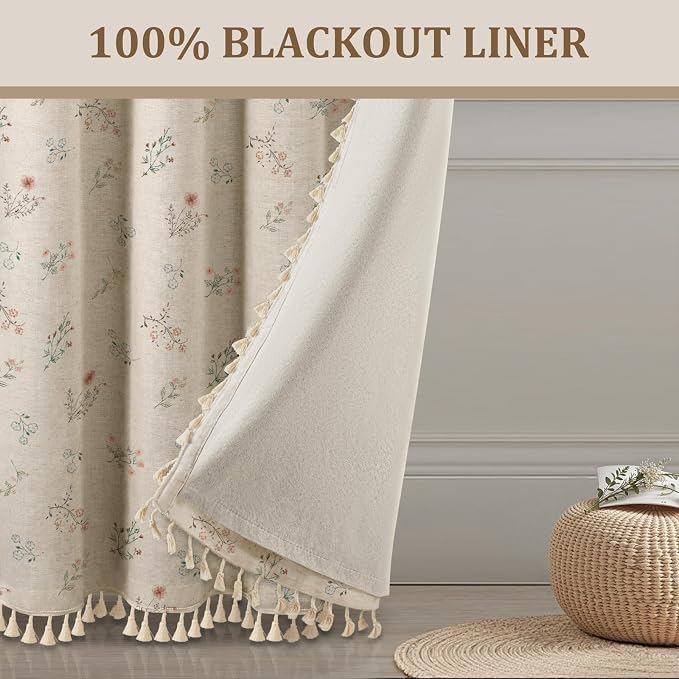 Boho Floral 100% Blackout Curtains for Bedroom 108 Inch Length 2 Panels Set, Linen Texture Farmhouse Curtains Beige Tassel for Living Room Vintage Thermal Insulated Room Darkening
