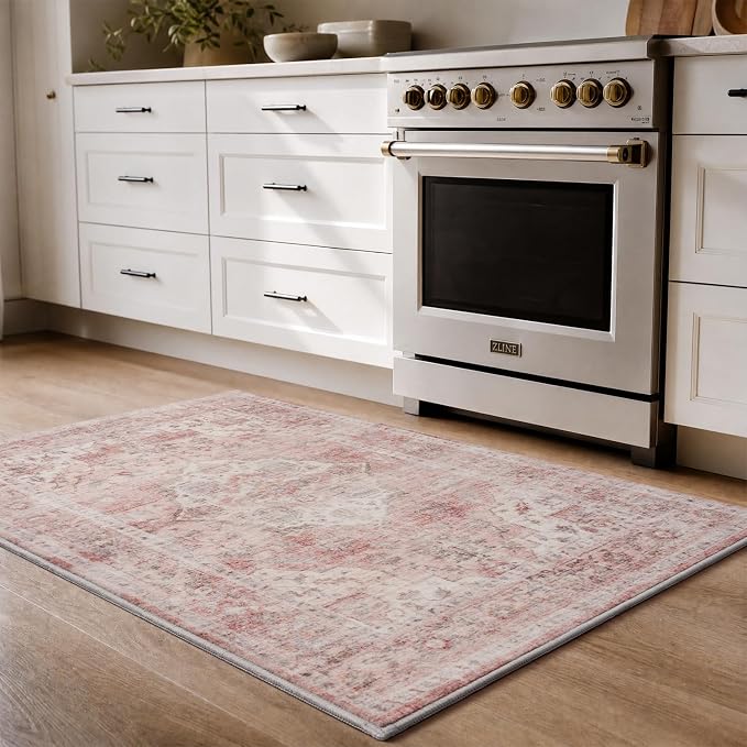 AMOAMI-2X3 Small Rug-Washable Rugs Entryway Mat Indoor-Soft Vintage Non Slip Rugs for Kitchen Laundry Room Bathroom Pink Decorative Accent Rug for in Front of Sink 24 Inch x36 Inch