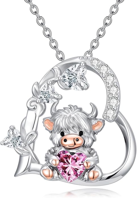 PELOVNY Teddy Bear Necklace for Women 925 Sterling Silver Bear/Highland Cow/Fox/Cat/Axolotl Birthstone Necklace Christmas Birthday Jewelry Gifts for Mom Daughter Wife Sister