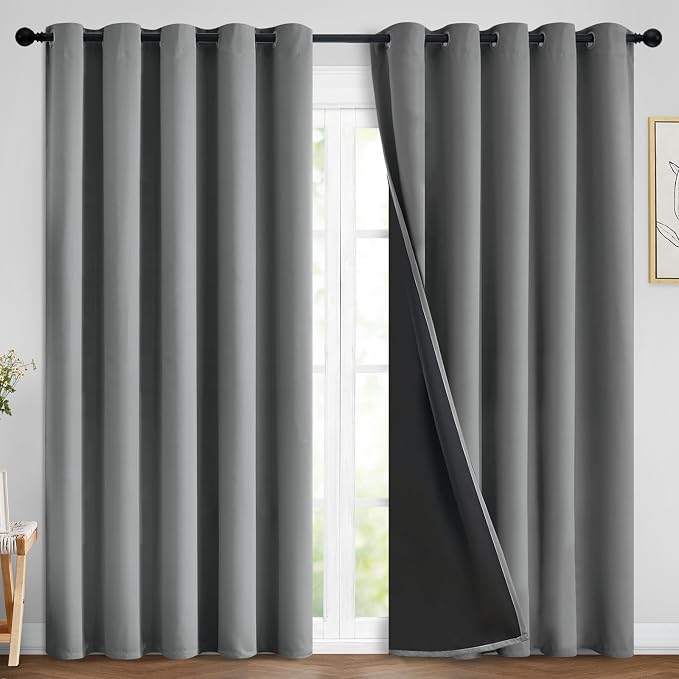 Yakamok Grey Blackout Curtains 84 Inches Long for Bedroom 70" Wide 2 Pcs | Blackout Curtain Panels for Bedroom, 2 Thick Layers Grommet Top Thermal Insulated Drapes with Black Liner for Living Room