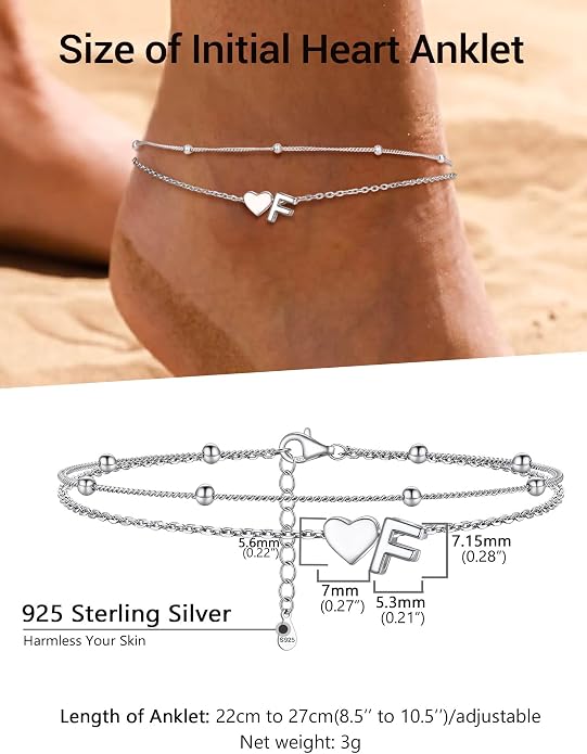 PROSILVER Ankle Bracelets for Women S925 Sterling Silver Anklets for Women Waterproof, Dainty Layered Heart Anklet, Beach Initial Anklet for Summer, Letter A-Z