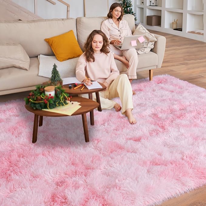 Dssimo Pink and White Rug for Living Room Bedroom,8x10 Soft Shaggy Area Rug | Upgrade Non-Slip Large Pink Fuzzy Rug for Girls Nursery Kids Room Dorm Room Home Decor, Indoor Plush Floor Carpet