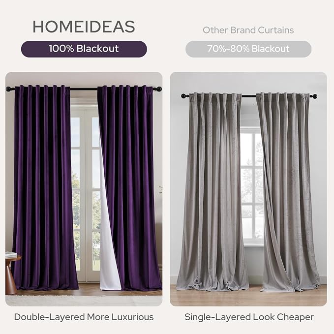 HOMEIDEAS 100% Blackout Purple Velvet Curtains, Thermal Noise Reduction Soft Luxury Vintage Christmas Velvet Curtains for Bedroom Decor, Living Room, Home, 52 X 96 Inch, 2 Panels