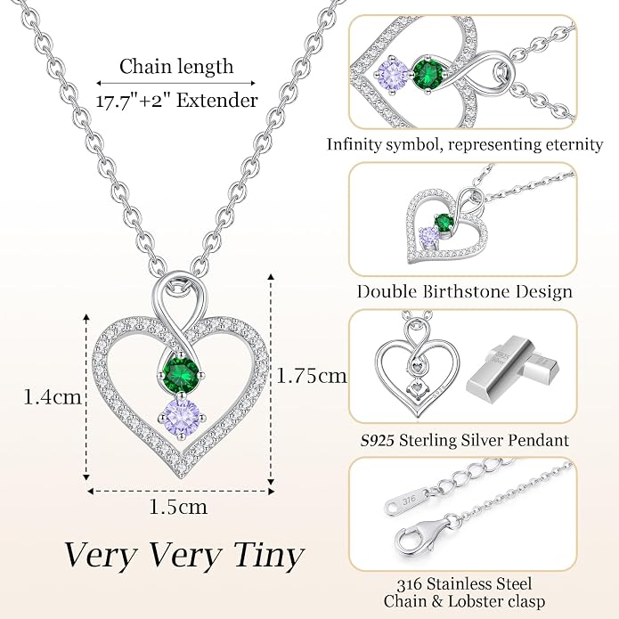 LOUISA SECRET Double Birthstone Necklaces for Women, 925 Sterling Silver Infinity Love Heart Pendant Necklace for Her, Birthday Anniversary Valentine's Day, Christmas, Wedding, Graduation Gift for Her, Personalized Gifts, Jewelry Gifts for Wife Mom Gir...