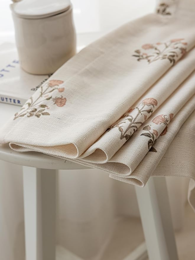 DrapePalette - Linen Blend Pinch Pleated Curtains 96 Inches Long for Living Room, Bedroom, Dining Room, Light Filtering Curtains 2 Panels Set, Modern Floral Printed Design, Beige White, 30" W x 96" L