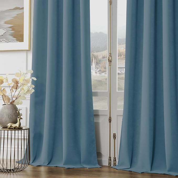 Joydeco Blackout Velvet Curtains Greyish Blue 84 Inch Rod Pocket | Luxury Thermal Insulated Velvet Curtains for Bedroom Living Room, Soundproof Blackout Window Drapes
