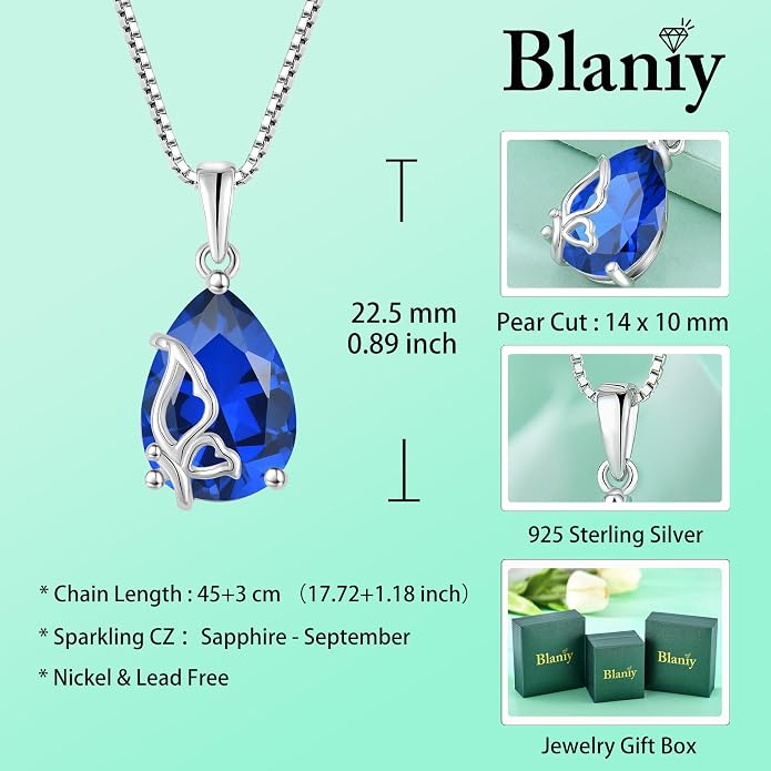 Teardrop Necklace 925 Sterling Silver Butterfly Pendant Necklace Birthstone Jewelry for Women