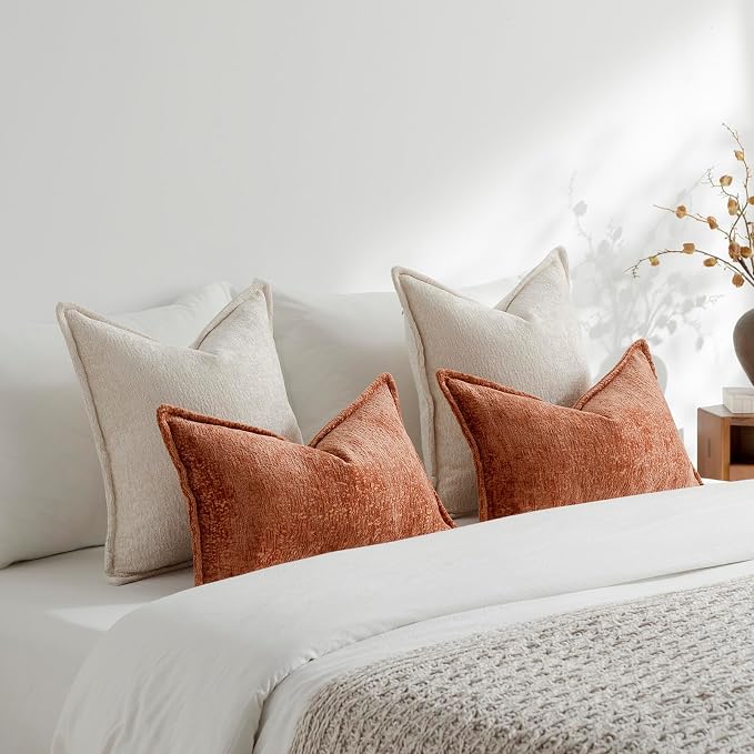 DEZENE Pack of 2 Beige Decorative Throw Pillow Covers 16x16 Cozy Soft Chenille Accent Vintage Square Couch Pillow Covers for Home Decor Bed Sofa Living Room