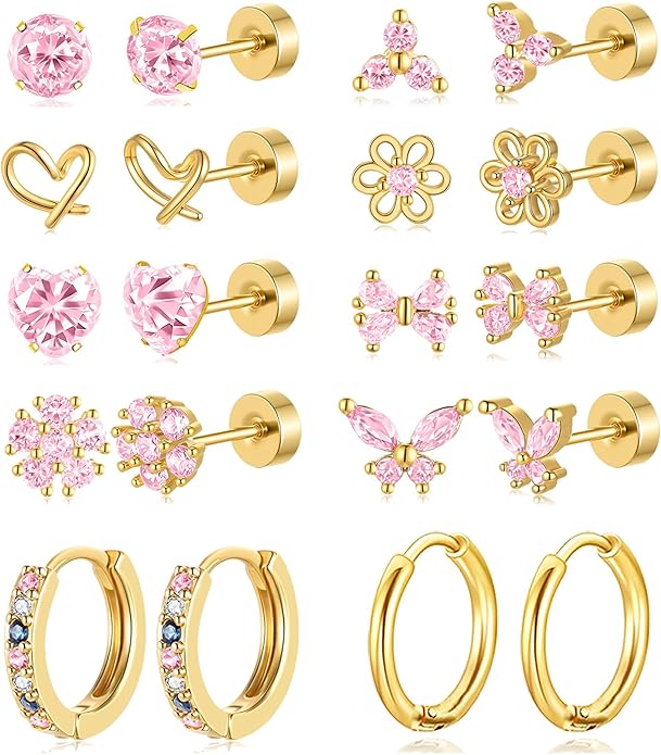 AKEOQI 10 Pairs Hypoallergenic Flat Back Earrings Gold Silver Plated Surgical Steel Small Stud Huggie Hoop Earring for Women Butterfly Flower Heart Bow Pink CZ Stack Cartilage Earrings Set 20G 10 MM