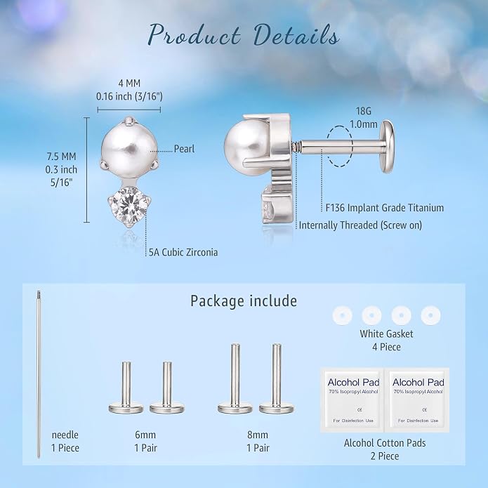 Limerencia 2Pcs 18g Titanium Internally Threaded Tragus Piercing Jewelry Nose Studs Flat Back Earrings Labret, Lip, Helix, Cartilage, Conch, Medusa Piercing for Women Men Sensitive Ears