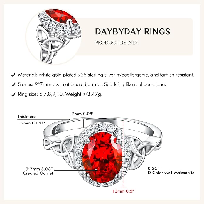 DAYBYDAY Celtic Birthstone Rings for Women 925 Sterling Silver Heart/Round/Pear/Oval Created Gemstone Moissanite Halo Engagement Promise Rings for Her Wife Birthday Anniversary Wedding Jewelry