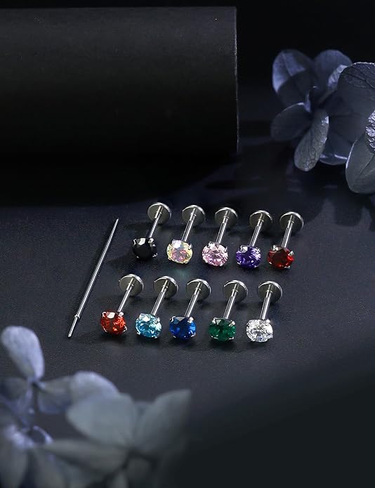 20G 18G 16G Astm F136 Titanium Threadless Flat Back Earrings Nose Studs Tragus Helix Conch Cartilage Lobe Earrings Medusa Labret Snake Bite Monroe Lip Ring Piercing Jewelry For Women Men