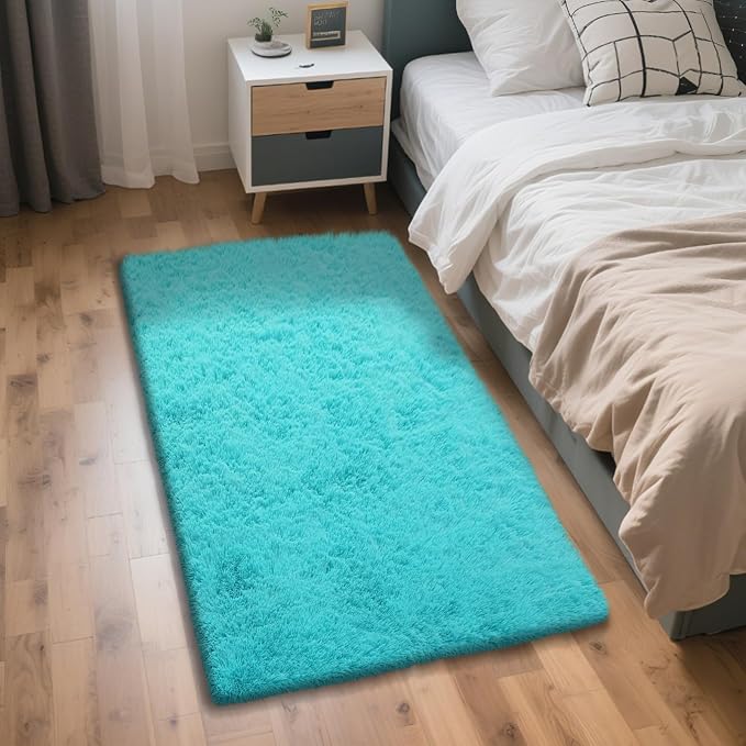 Teal Blue Rug Fluffy Rugs, 3x5 Teal Area Rugs for Bedroom, Soft Play Mat, Indoor Floor Carpet for Teen, Preppy Dorm, Plush Aesthetic Bedside Rug
