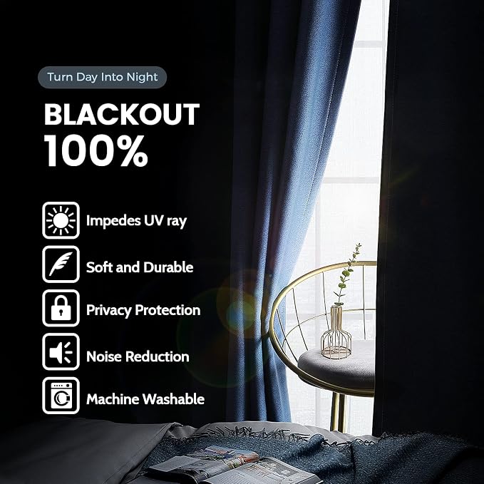 SimpleHome Navy Blue 100% Blackout Curtains Room Darkening Living Room 63 | Curtains for Bedroom,Thermal Insulated Grommet Window Drapes,Curtains for Living Room with Black Back,42 x 63 Inch,2 Panels