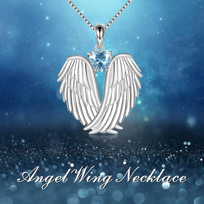 YFN Angel Wings Necklace 925 Sterling Silver Guardian Angel Wings Pendant Necklace Birthstone Necklace for Women Girls Christmas Jewelry Gifts