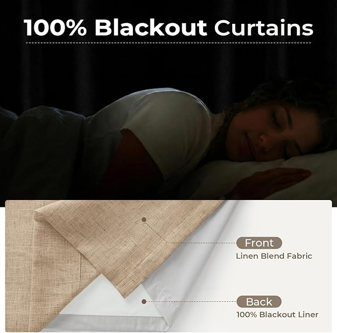 CAPALOCA Brown Linen Pinch Pleated Curtains Blackout, 100% Black Out Curtains 90 inch Long for Bedroom, Tan Blackout Thermal Insulated Pinch Pleated Drapes for Living Room, 40" W x 90" L, 2 Panels
