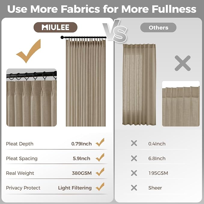 MIULEE 4 Panels Set Pinch Pleated Linen Curtains 108 Inches Length for Living Room Bedroom, Extra Long Pinch Pleat Drapes Back Tab Light Filtering Grey Beige Foor to Ceiling Curtains with Hooks