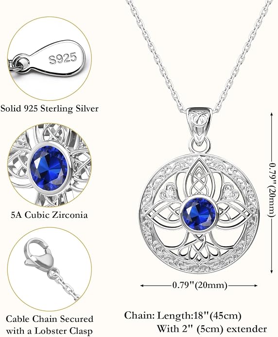 Birthstone Tree of Life Necklace for Women: 925 Sterling Silver Celtic Knot Pendant, Family Jewelry Gift for Mom Daughter Birthday Mother’s Day