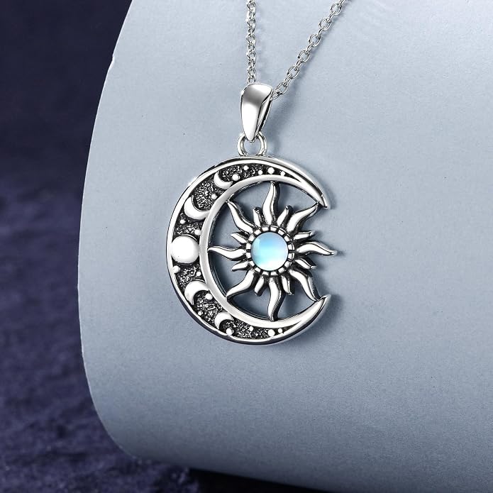 Sun and Moon Necklace 925 Sterling Silver Sun Moon Pendant Gemstone Jewelry Gifts for Women