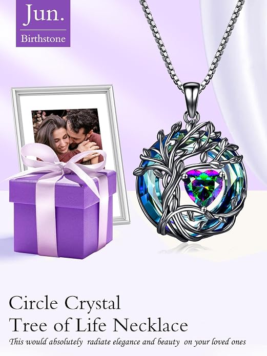TOUPOP Tree of Life Birthstone Necklace Sterling Silver Pendant Birthstone Necklaces with Blue Crystal Anniversary Birthday Jewelry for Women Mom Wife Her