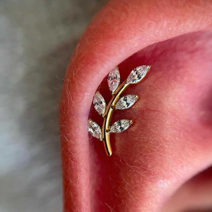 FINE4U 1PC Leaf Flat Back Stud Flat, Helix, Conch, Tragus 6mm 8mm - ASTM F136 Titanium Screw on Body Piercing Jewelry